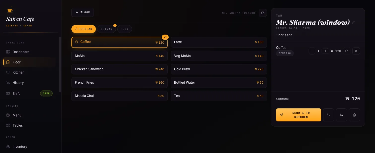A GoServe tab open beside the menu: coffee, momo and masala chai with rupee prices on the left, the tab's pending line items and a send-to-kitchen button on the right.